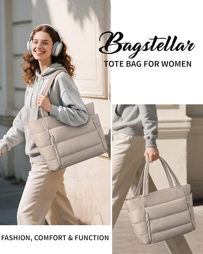 Puffer Tote Bag for Women, Lightweight Puffy Work Handbag Teacher Nurse Quilted Shoulder Bag for School Travel Gym