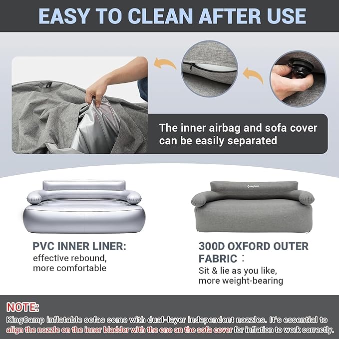 KingCamp Double Inflatable Couch for Camping, Portable Foldable Eco-Friendly Reach-Certified PVC Liner Air Lounger 2-Person Blow Up Sofa with Foot Pump, Pegs, Repair Kit & Removable Cover