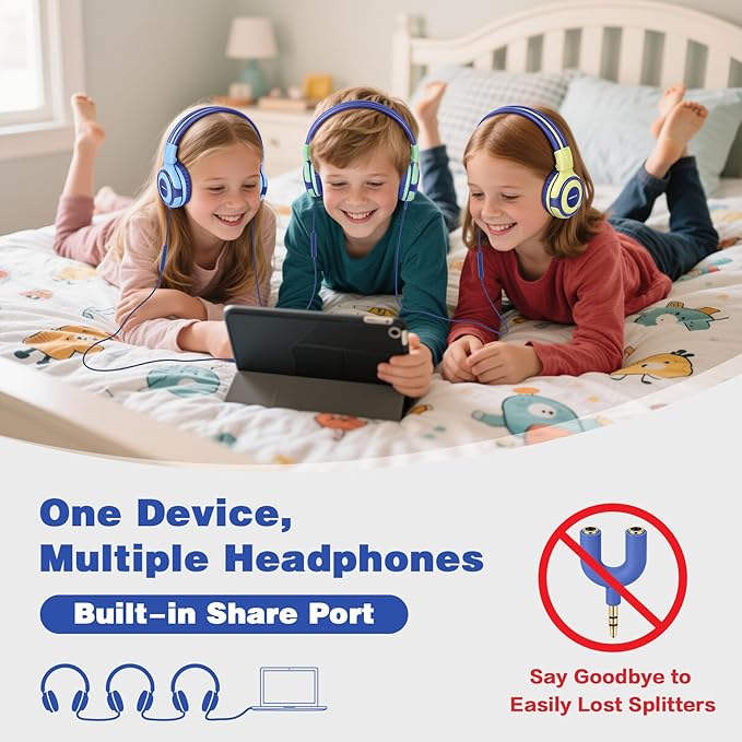 SIMOLIO Kids Headphones for School, Safe Volume Limiter Headphone with Microphone, Adjustable Sturdy & Foldable, Stereo Wired Headsets for Child, Toddler, Boys, Girls, Online Course (Green)