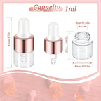 100 Pcs Mini Glass Oil Dropper Bottle Bulk, Clear Essential Small Empty Bottles Sample Containers Perfume Liquid Vials with Cap for Traveling (1 ml,Rose Gold)