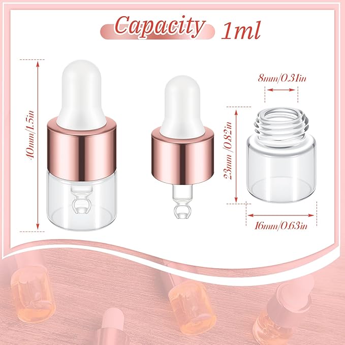 100 Pcs Mini Glass Oil Dropper Bottle Bulk, Clear Essential Small Empty Bottles Sample Containers Perfume Liquid Vials with Cap for Traveling (1 ml,Rose Gold)
