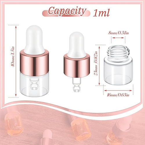 100 Pcs Mini Glass Oil Dropper Bottle Bulk, Clear Essential Small Empty Bottles Sample Containers Perfume Liquid Vials with Cap for Traveling (1 ml,Rose Gold)