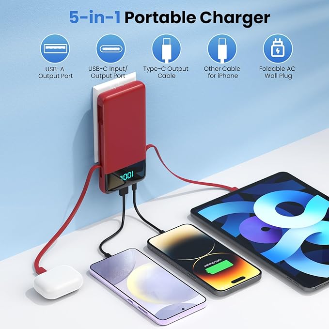 Portable Charger for iPhone with Built in Cables and Wall Plug,Upgraded 13800mAh Fast Charging USB C Power Bank,4 Outputs Travel Essential Battery Pack Compatible with iPhone 15/14/13/12,-Red