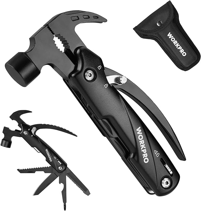 WORKPRO Multitool-12 in 1 Camping Tools with Mini Hammer-EDC Gear Multi Tools Hammer with Safety Lock and Pouch-Mini Multitools Gifts for Men and Women