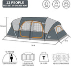 CAMPROS CP Tent 12-Person-Camping-Tents,3 Room Family Tents,Waterproof Windproof Family Tent with Top Rainfly,6 Large Mesh Windows,Double Layer,Easy Set Up, Portable with Carry Bag-20' x 9' x 72"(H)