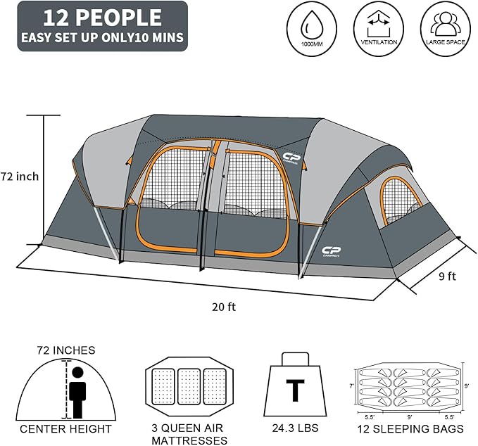 CAMPROS CP Tent 12-Person-Camping-Tents,3 Room Family Tents,Waterproof Windproof Family Tent with Top Rainfly,6 Large Mesh Windows,Double Layer,Easy Set Up, Portable with Carry Bag-20' x 9' x 72"(H)