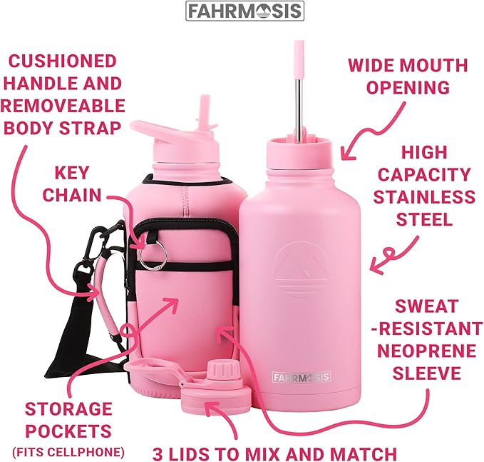 64 Oz Insulated Water Bottle with Strap Stainless Steel Sports Water Bottle with 3 Lids (Straw, Chug and Flip Lid) Leak Proof Metal Half Gallon Jug for Men & Women - Pink (Solid)
