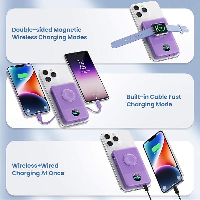 Magnetic Portable Charger for iPhone with Built-in Cables, 6-in-1 10800mAh Power Bank with iWatch Charger & LCD Display,25W Fast Charging Battery Pack for iPhone 16/15/14/13/12,Apple Watch (Purple)