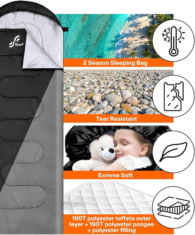 Sportneer Sleeping Bag, 3 Seasons Warm Cold Weather Sleeping Bags for Adults Kids Boys Girls with Compression Sack- Lightweight Camping Essentials Gear Accessories, Backpacking, Hiking