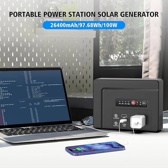 Powkey Portable Power Station 100W, 97Wh Small Portabl Generator with AC Outlet, Fast Charging PD65W USB C, USB A, DC Port, 26400mAh Portabe Laptop Charger for Outdoor Camping RV Home Battery Backup