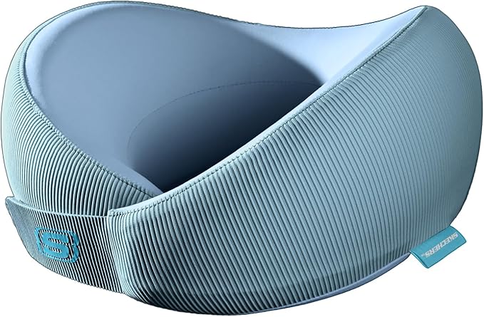 Skechers Memory Foam Neck Pillow, Comfortable & Breathable Travel Pillow,Neck Pillow Airplane for Travel, Car Rides, Home, and Office Use, Ergonomic Design for Men and Women,Light Blue