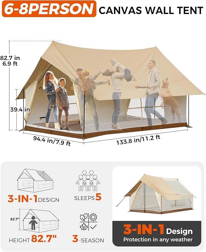KingCamp Camping Tent 6-8 Person, Weatherproof Hot Tent Large Family Cabin Tents with Stove Jack, Waterproof & Windproof for Family Camping & Outdoor Parties