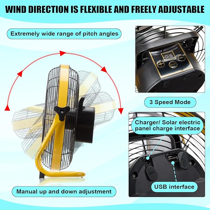 14 Inch Solar Panel Powered Fan, 2 in 1 Solar Panel or AC Charger Powered Fan 12W 9V Portable for Chicken Coop Greenhouse Household Exhaust Camping Travel Outdoor(Yellow)
