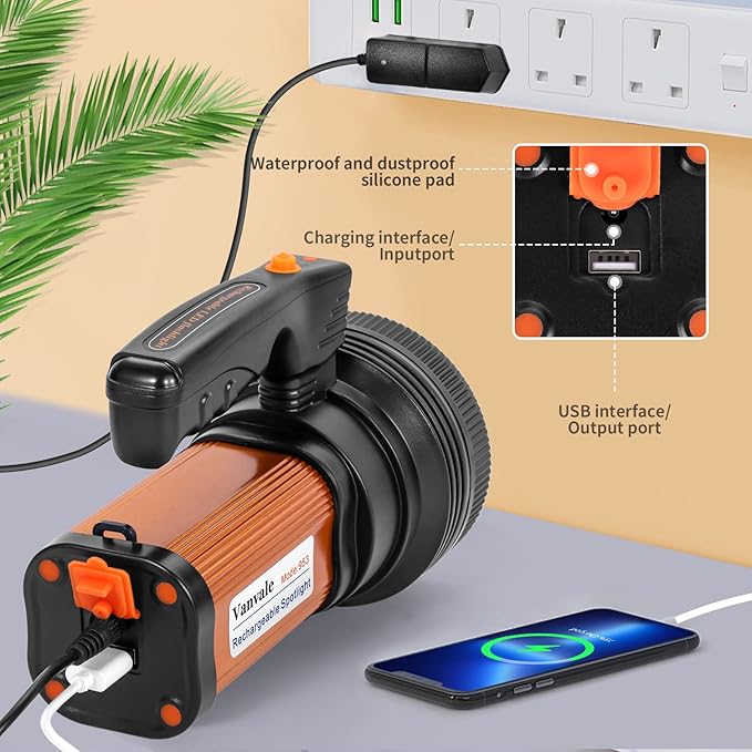 Rechargeable Searchlight Handheld LED Tactical Flashlight with Handle Spotlight 6000 Lumens High-Power Super Bright Torch with USB Output Torch (Gold)