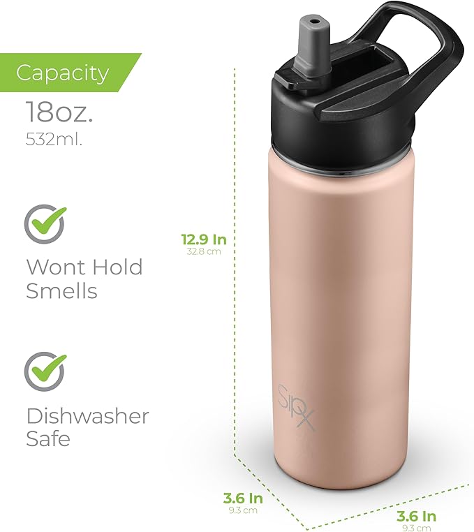 SipX™ Triple-Insulated Stainless Steel Water Bottle 18oz. With 3 Lids, BPA-Free Reusable Insulated Water Bottle Keeps Cold 24 Hours, (Peach)