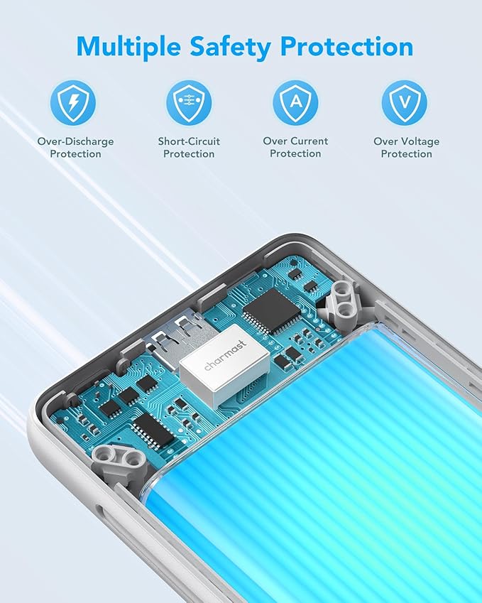 charmast Portable Charger with Built-in Cables and Plug, 10000mAh USB C Power Bank Fast Charging, External Battery Pack Slim, Travel Essentials Compatible with iPhones, Samsung Galaxy, iPad