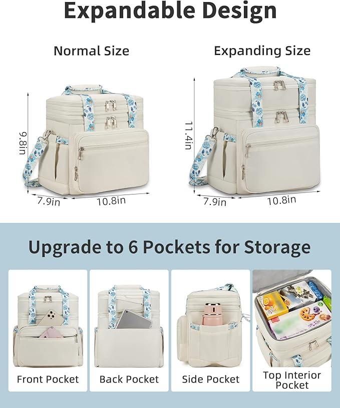 Double Deck Lunch Box for Women, Expandable Insulated Large Lunch Bag Women Leakproof Lightweight Lunch Cooler Bag Durable Lunchbox for Work Outdoor Travel, Beige
