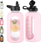 CIVAGO 64 oz Glass Water Bottle Jug with Straw and Handle, Half Gallon Sports Motivational Water Bottle with Time Marker, Wide Mouth Flask Canteen with Silicone Sleeve for Gym, Blush