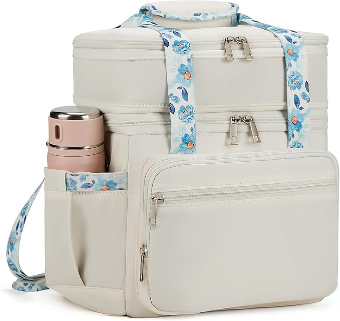 Double Deck Lunch Box for Women, Expandable Insulated Large Lunch Bag Women Leakproof Lightweight Lunch Cooler Bag Durable Lunchbox for Work Outdoor Travel, Beige