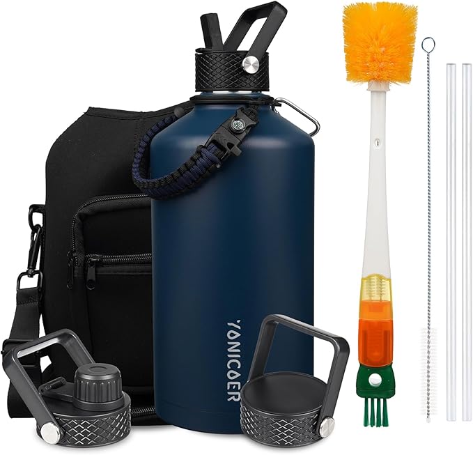 Insulated Water Bottle 128oz,Triple Wall Vacuum Stainless Steel(Dishwasher Safe),Leak Proof & Non-BPA,Flask Jug with Paracord Handle & Straw Spout Lids Sports Navy Blue