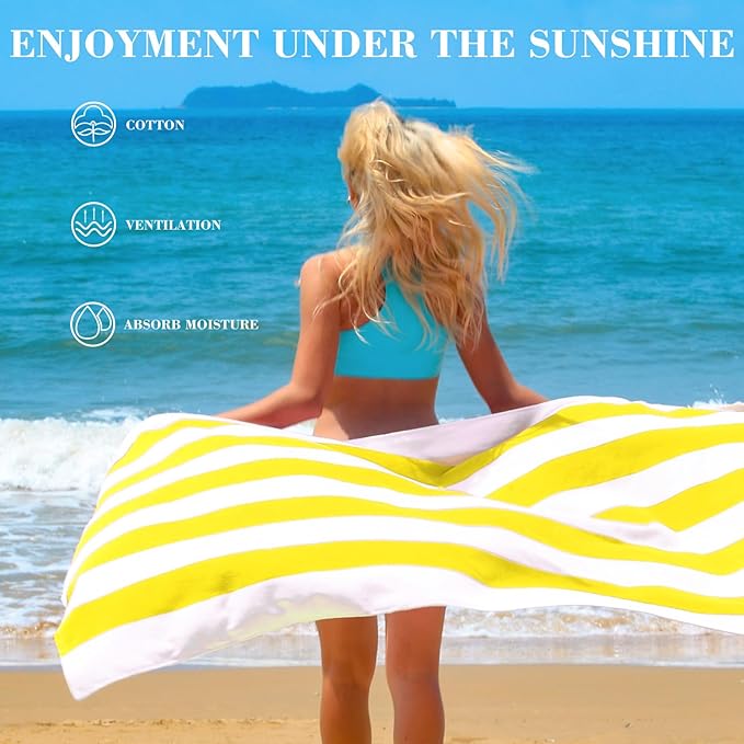 Exclusivo Mezcla 2 Pack Cotton Large 30x60 Inches Cabana Stripe Beach Towels, Super Absorbent Soft Plush Pool Bath Towel (Yellow)