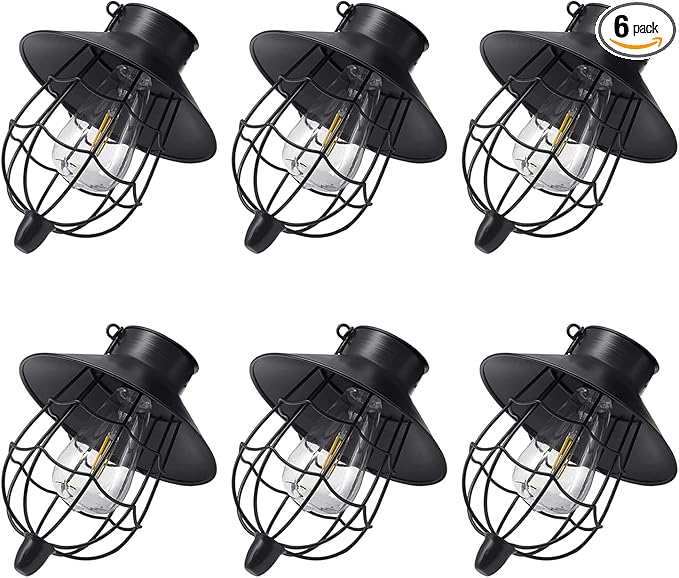 YAKii 6 Pack Solar Lantern Hanging Waterproof Outdoor Metal Solar Lamp with Warm White Light Decorate for Yard Garden Pathway Patio Porch (Black)