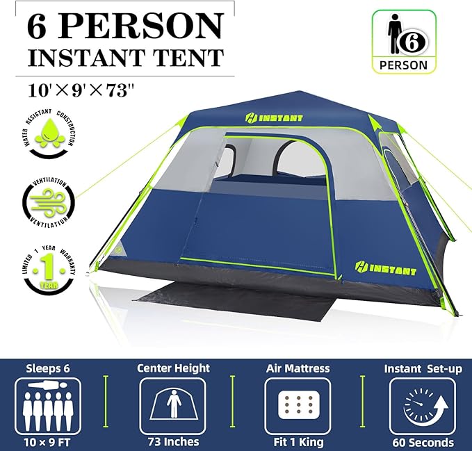 4/6/8 Person Instant Tent, Waterproof Pop Up Tents for Camping with Rainfly, 60 Seconds Easy Setup, Automatic Cabin Tent for Family Camping with Expandable Carry Bag & Upgraded Ventilation