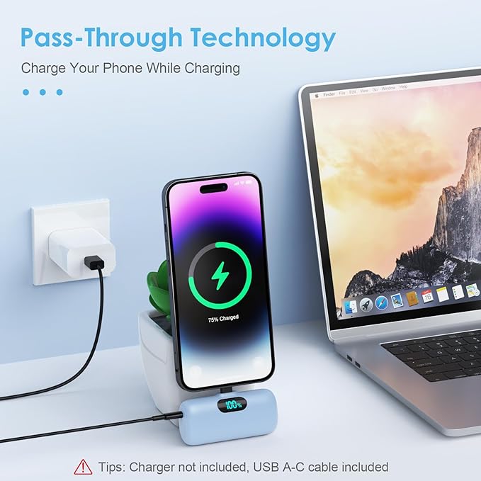 Mini Portable Charger USB C Power Bank,Upgraded 5000mAh PD Fast Charging Battery Pack Built-in USB-C Connector,LCD Display,Compatible with iPhone16,16 Plus,16Pro/Max/15,iPad Pro/Air,Android Phone etc