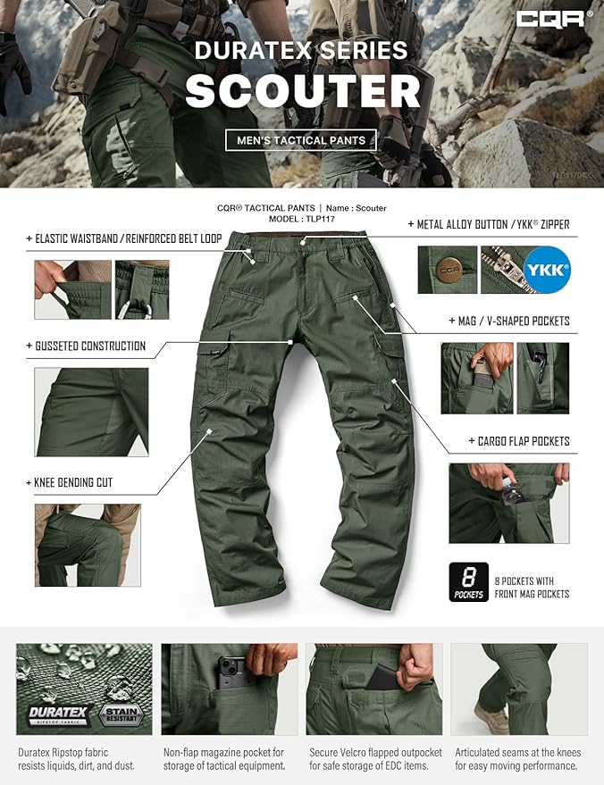 CQR Men's Tactical Pants, Water Resistant Ripstop Cargo Pants, Lightweight EDC Work Hiking Pants, Outdoor Apparel