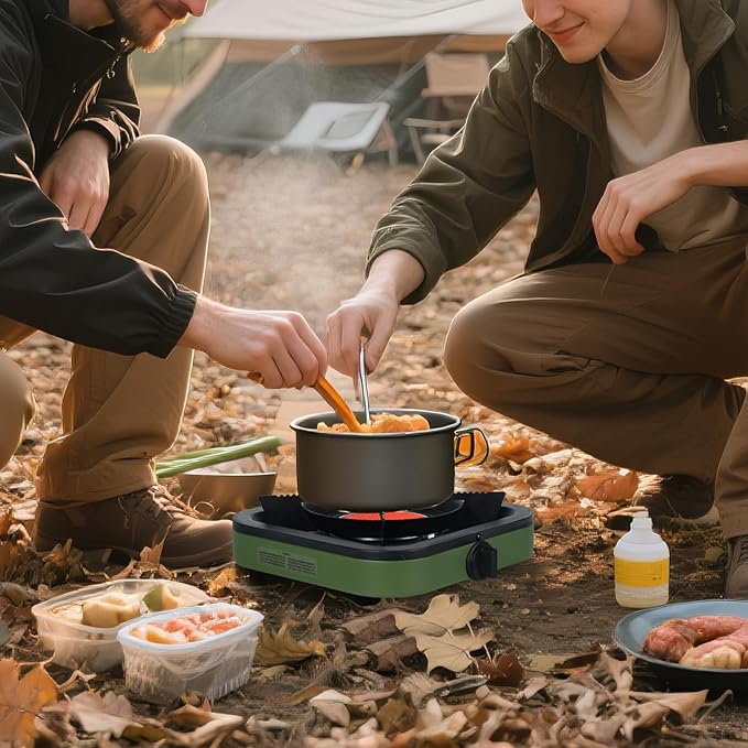 Propane Portable Camping Stove, Single Burner Propane Camp Stove, with Gas Hose, Small Camping Stove, Square Design, Army Green and Black