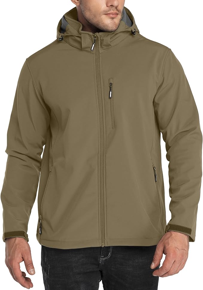 Outdoor Ventures Men's Lightweight Softshell Jacket Fleece Lined Hooded Water Resistant Winter Hiking Windbreaker Jackets