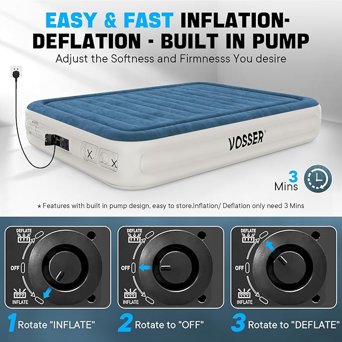 Queen Air Mattress with Built-in Pump,Fast & Easy Inflation/Deflation Inflatable Mattress, Foldable Blow Up Mattress with Storage Bag, Inflatable Bed for Home, Camping & Guests