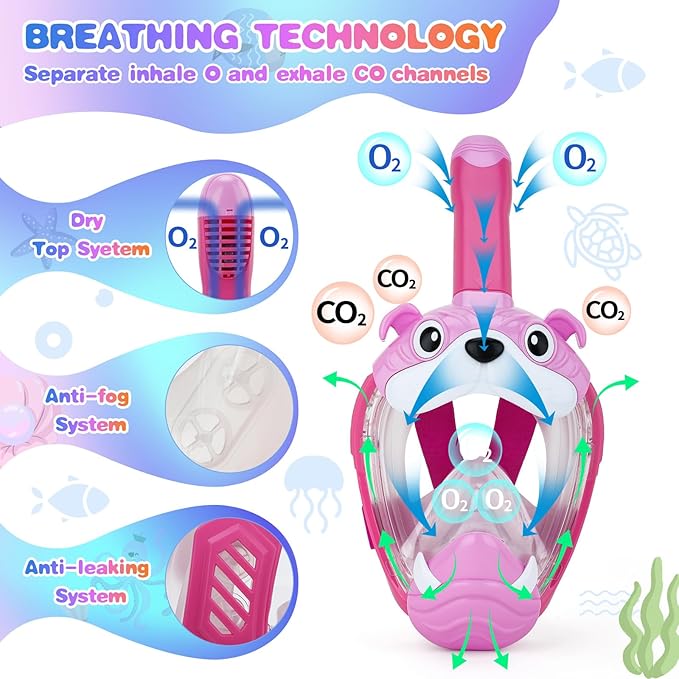 Full Face Snorkel Mask for Kids 4-16, 180 Degree Panoramic View Snorkeling Set Anti-Fog Anti-Leak, Foldable Dry Top Snorkeling Gear for Kids