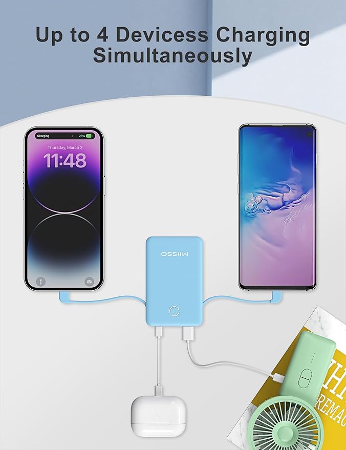 6000mah Ultra Slim Built in Cables Power Bank, Card Size Built in USB C Cords Battery Pack Portable Charger for Phones, 3 Output External Battery Pack Compatible with iPhone, Samsung, Google, Blue