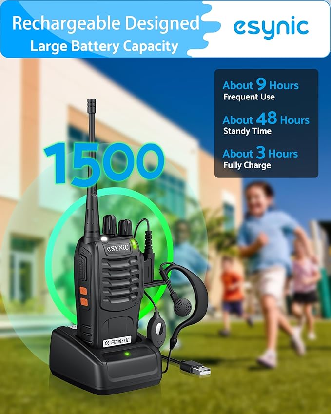eSynic 5-Pack Professional Walkie Talkies - 5KM Long Range 16CH Rechargeable Two-Way Radios- Includes 5 Headsets & Charging Base, VOX Hands-Free for Job Sites/Camping/Family Outdoor (Ideal Gift Set)