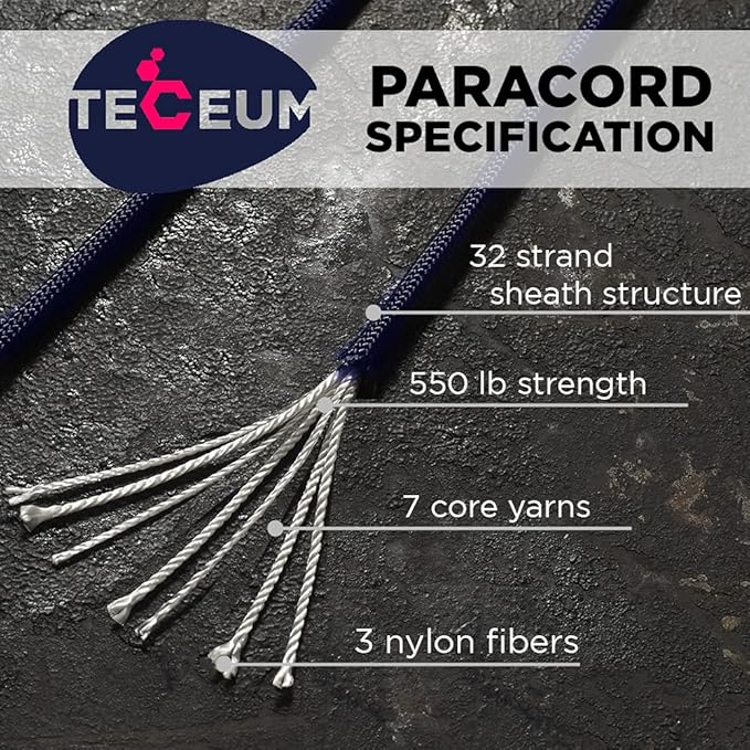 TECEUM 5/32" Paracord Rope 1000 – 1000ft / 200ft / 100ft / 50ft – Tactical Parachute Cord 4mm – 45+ Colors – Nylon String for Survival & Camping Gear – Stripe Cord for Survival – Utility Rope