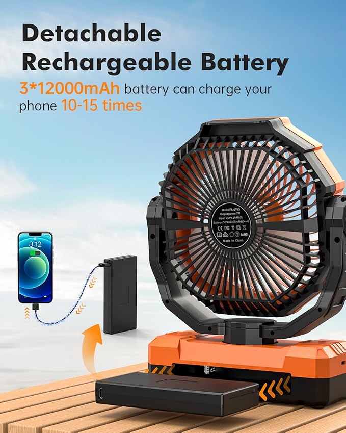 36000mAh Camping Fan - Detachable Rechargeable Battery Operated Fan with Light & Hook for Tent, Outdoor - USB Table Fan with 4 Speeds for Picnic, BBQ, Fishing, Travel, Hurricane