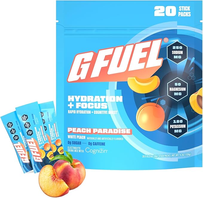 G Fuel Electrolytes Powder for Instant Hydration and Focus | Sugar Free, Peach Flavor, Electrolyte and Nootropic Drink Mix to Sharpen Mental Focus, 20 Servings