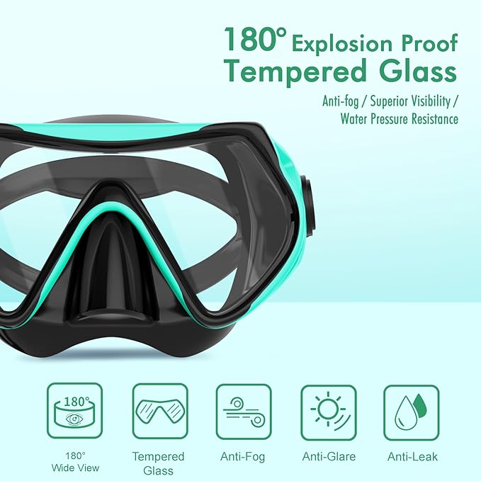Snorkeling Gear for Adults, JRing Snorkel Mask Set with 180 Degree Tempered Glass Anti Fog Goggles Scuba Dry Top Snorkel for Swimming, Scuba Diving Mask for Men Women