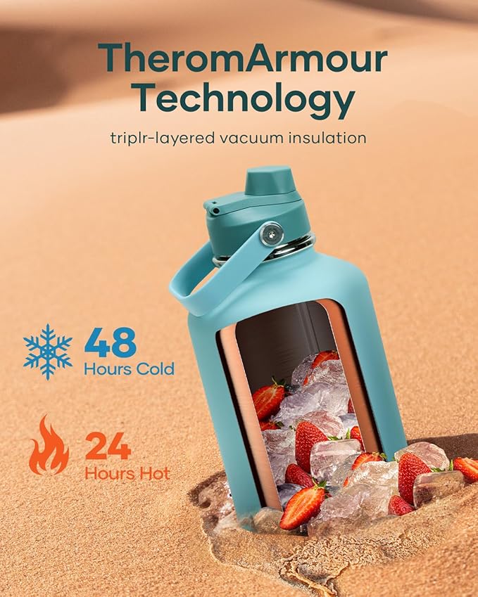 BUZIO 64oz Insulated Water Bottle, Stainless Steel Water Flask with Straw Lid and carrying pouch, Keep Cold 48h Leak Proof Double Wall Vacuum Travel Mug Metal Canteen for Gym Camp Beach, Green