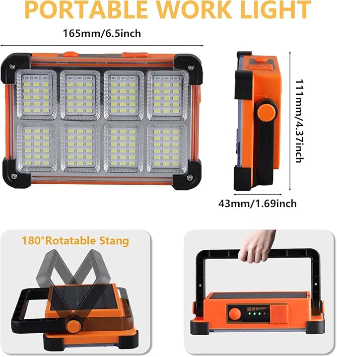 120W Solar Rechargeable Work Light, 144 LED 10000LM Portable Flood Light with Stand, IP66 Waterproof 4 Modes LED Job Site for Mechanic Camping Fishing Car Repair (Orange 1 Pack)