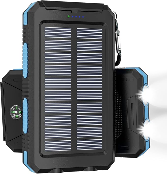 Solar Charger Power Bank - 36800mAh Solar Phone Charger, USB-C QC3.0 Fast Charger with LED Flashlight, IP65 Waterproof Portable Power Bank for Camping, Hiking Outdoor Activities（Blue）