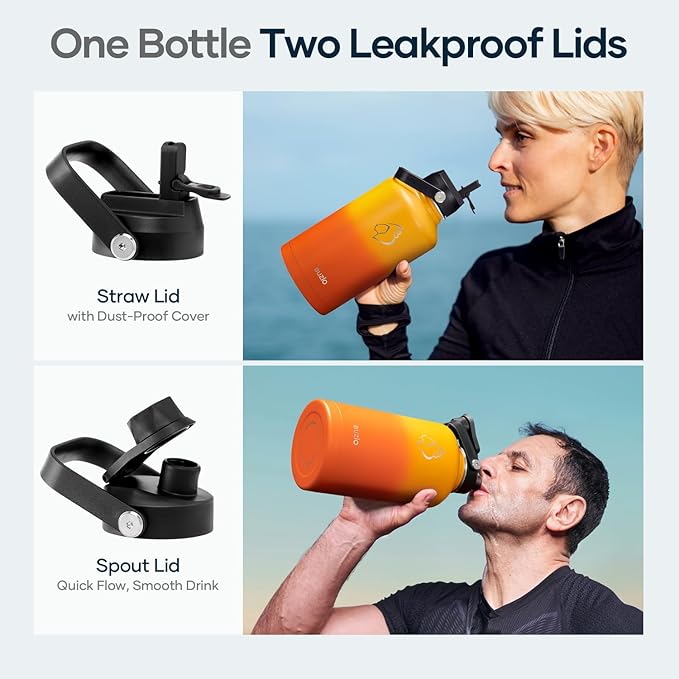 BUZIO 64oz Water Bottle, (Cold for 48 Hrs) Triple Wall Insulated Stainless Steel Leakproof Half gallon Jug/Flask with Straw Lid and Carry Bag for Sports Hiking, Camping, Yellow Orange