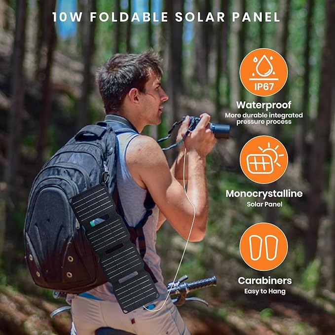 FlexSolar 10W Foldable Solar Chargers 5V USB Small Power Emergency Portable 4 Folds Panels IP67 Waterproof Camping Hiking Backpacking for Phones Flashlight Watches Small Power Banks Battery Packs