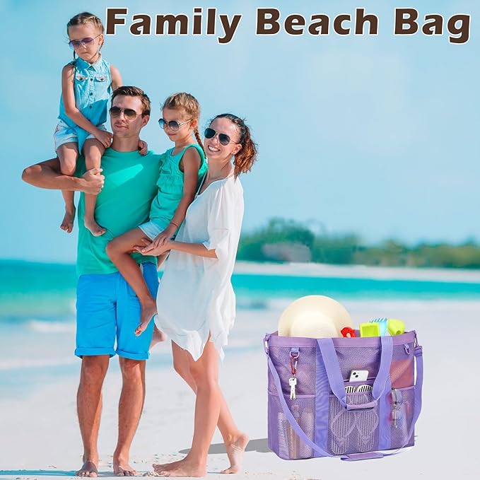 Fammart Mesh Beach Bag with Zipper, Large Beach Tote for Women, Toys Pool Swim Bag Travel Vacation Cruise Essentials