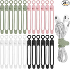 24Pcs Silicone Cable Straps Cord Organizer for Bundling Earphone, Phone Charger, Computer Cords, Reusable Cable Ties Wire Organizer in Home,Office,Kitchen,School (4 Colors)