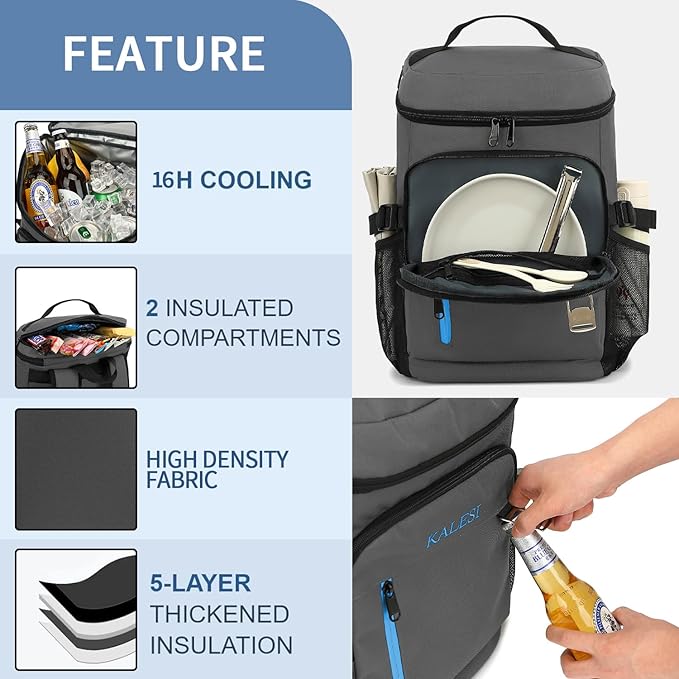 Kalesi Cooler Backpack 36 Cans Lightweight Insulated Backpack Cooler Leak-Proof Travel Camping Lunch Backpack Outdoor Cutlery Backpack for Men and Women