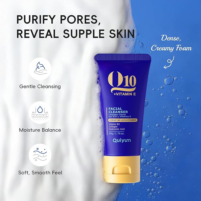 QUIYUM Q10 & Vitamin E Complete Skincare Set – 6-Step Daily Routine with Cleanser, Toner, Serum, Eye Cream, Day & Night Moisturizer – Hydrating, Firming, Radiant Skin Care Kit for All Skin Types