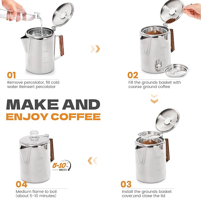Percolator Pot Stainless Steel Camping Coffee Pot-NO Aluminum or Plastic Camping Coffee Pot Stovetop (9 cup)