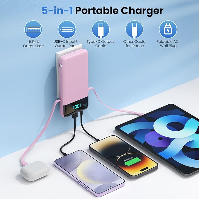 Portable Charger for iPhone with Built in Cables and Wall Plug,Upgraded 13800mAh Fast Charging USB C Power Bank,4 Outputs Travel Essential Battery Pack Compatible with iPhone 15/14/13/12,Samsung-Pink